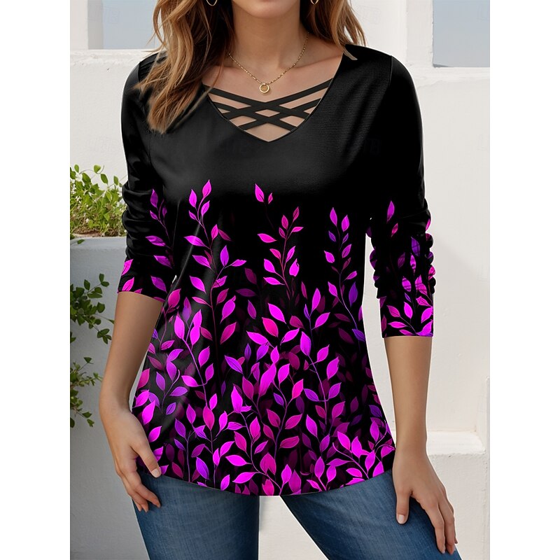 Women's T Shirt Floral Graphic Stylish Casual Long Sleeve V Neck Regular Tops Daily Cut Out Print Red Blue Purple Green Spring Fall3