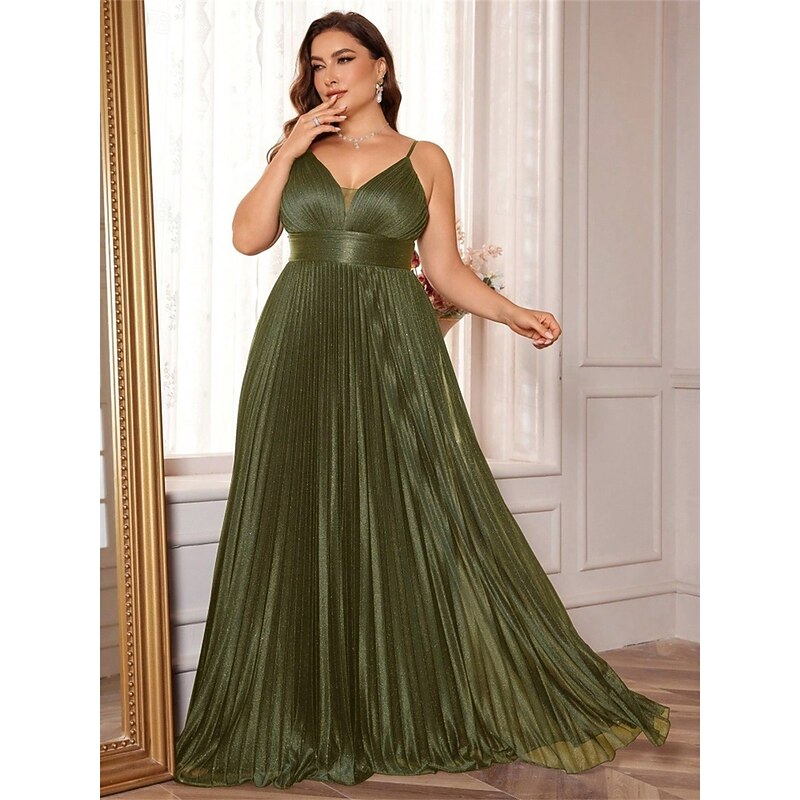 A-Line Plus Size Dresses Elegant Curve Dress Formal Wedding Floor Length Sleeveless V Neck Satin Backless with Pleats3