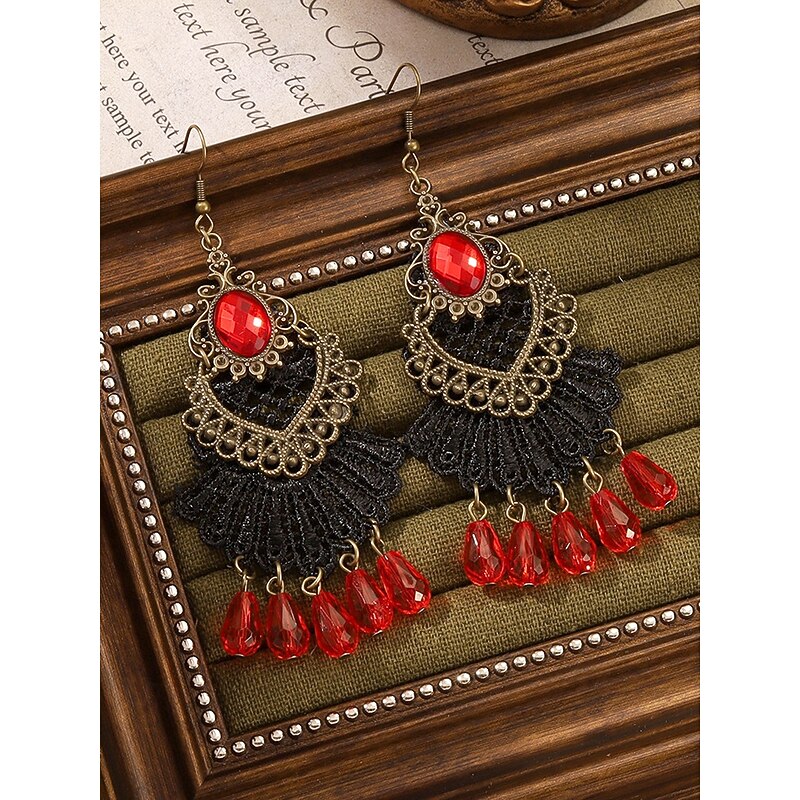 Women's Gothic Vintage Alloy Drop Earrings with Black Stone and Red Beads, Halloween Party Costume Jewelry for Retro Punk Style4
