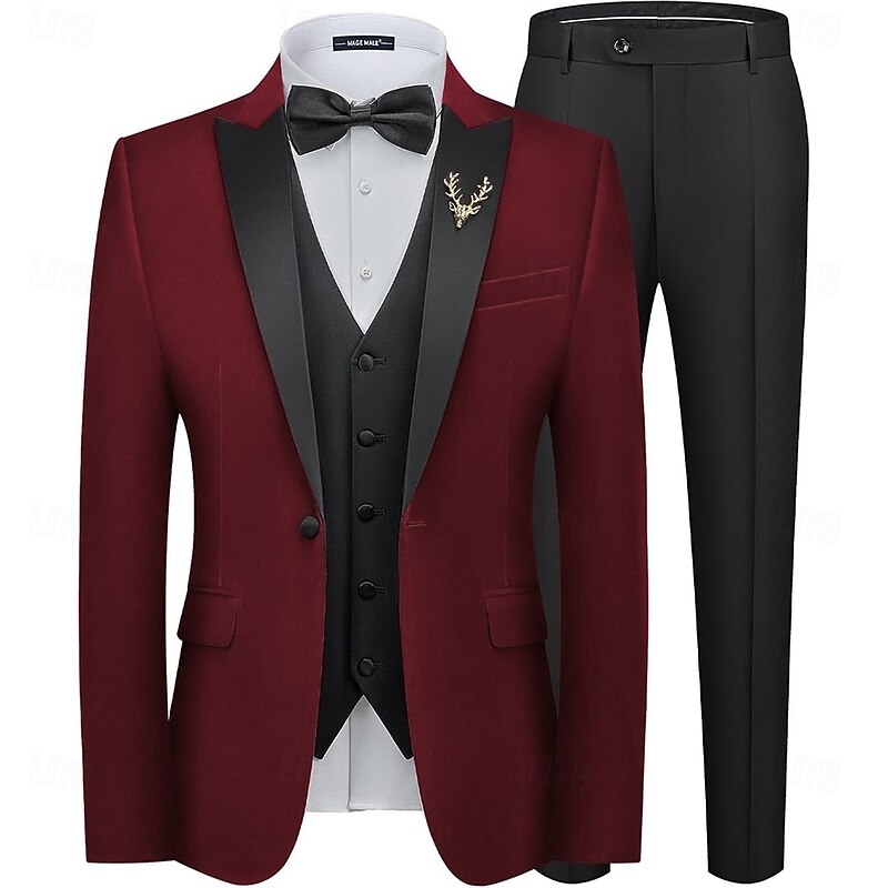 Men's Wedding Party Suits Notch Lapel Burgundy Grape Fashion Formal Solid Colored Standard Fit 3 Piece Single Breasted Two-buttons