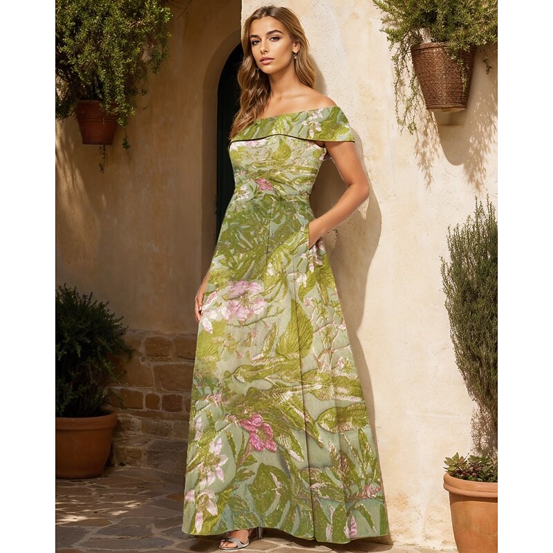 Jacquard Brocade Floral A-Line Evening Gown Elegant Dress Formal Wedding Floor Length Short Sleeve Off Shoulder Nylon with Pocket4