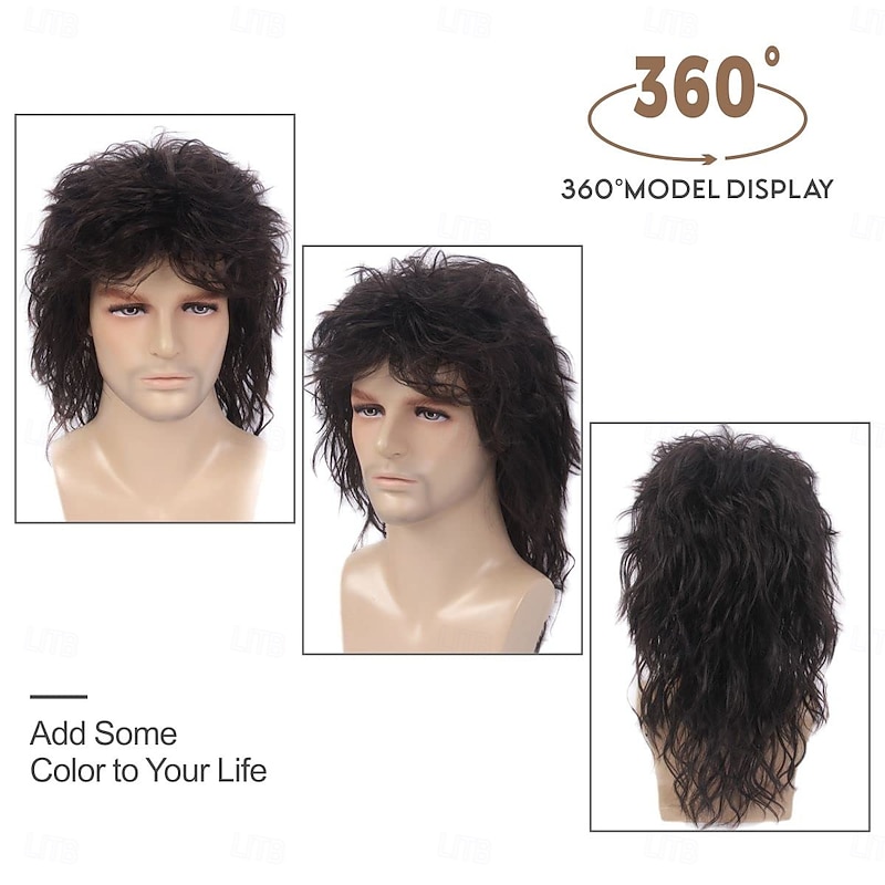 Mullet Wig with Bangs 70s Disco Party Mens Hippie Wigs Brown Long Curly Male Wig Halloween Costumes 80s Rocker Wig3
