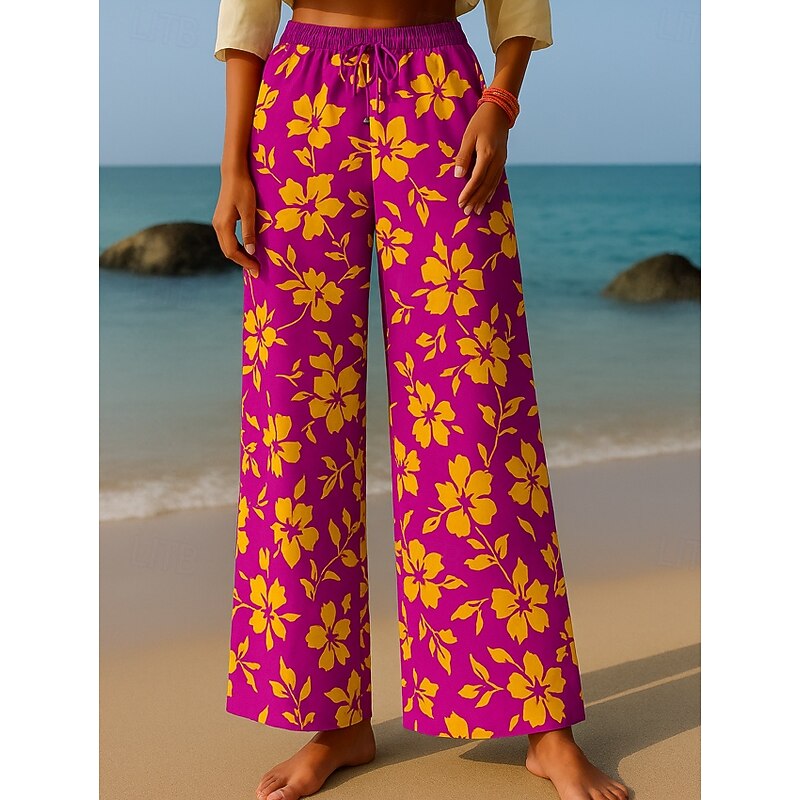 Women's Culottes Wide Leg Wide Leg Chinos Vacation Vintage Ethnic Style Full Length High Waist Floral Graphic Quick Dry Breathability Soft Inelastic Formal Outdoor Vacation Red Purple Green Summer2