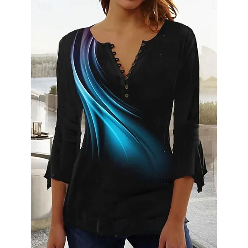 Women's Tunic Ombre Graphic Abstract Elegant Vintage Stylish 3/4 Length Sleeve V Neck Regular Tops Daily Going out Buttons Black Blue Spring Fall2