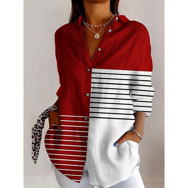 Women's Shirt Button Down Tunic Shirt Collar Long Sleeve Graphic Geometric Striped Vintage Tropical Daily Regular Tops Work Daily Holiday s Print Wine Red Khaki Spring Fall2