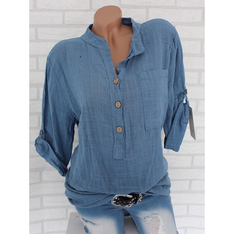 Women's Cotton Linen Shirts Solid Color Stylish Casual Long Sleeve V Neck Regular Tops Daily Buttons White Pink Red Blue Gray Summer Spring4