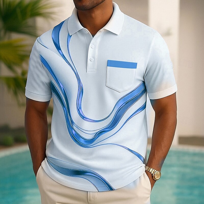 Men's Geometric Polo Short Sleeve Polo Collar Casual Daily Modern Sports & Outdoor Athleisure Buttons Pocket Summer Robin's Egg Blue Golden2