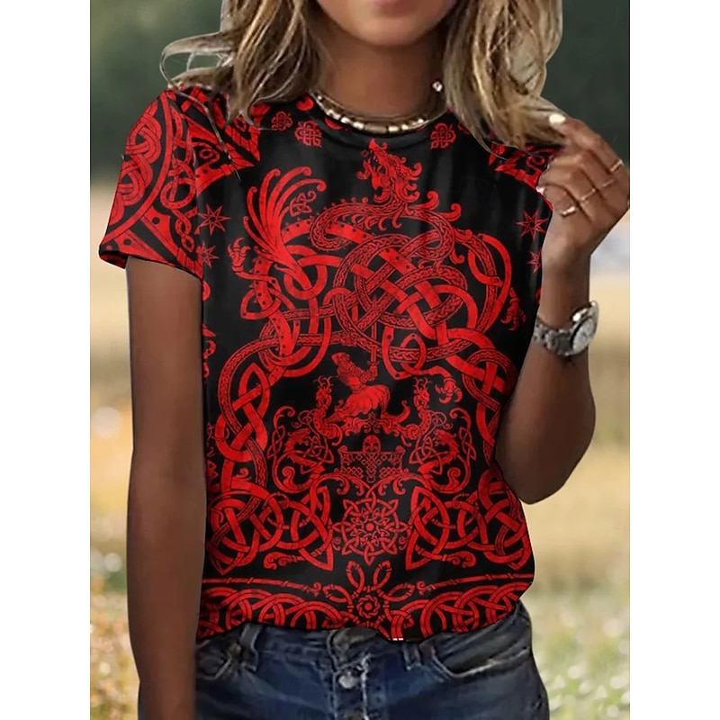 Women's T Shirt Graphic Paisley Plants Elegant Casual Short Sleeve Crew Neck Round Neck Regular Tops Daily Print Black White Khaki Summer3