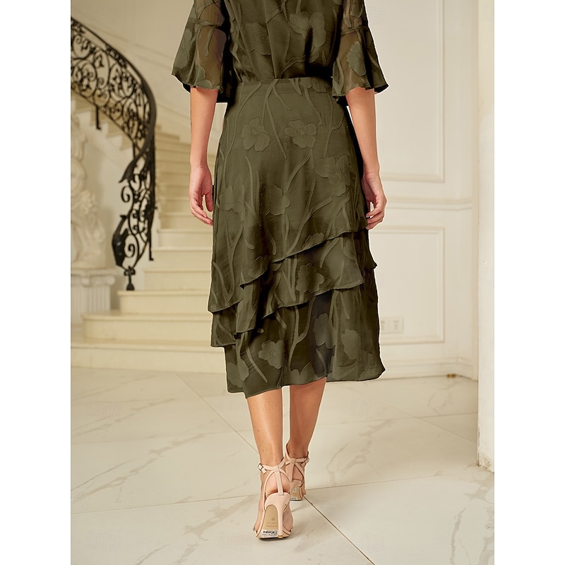 Women's Skirt Elegant Midi Mid Waist Skirts Floral Layered Inelastic Party Causal Olive Summer Chiffon3