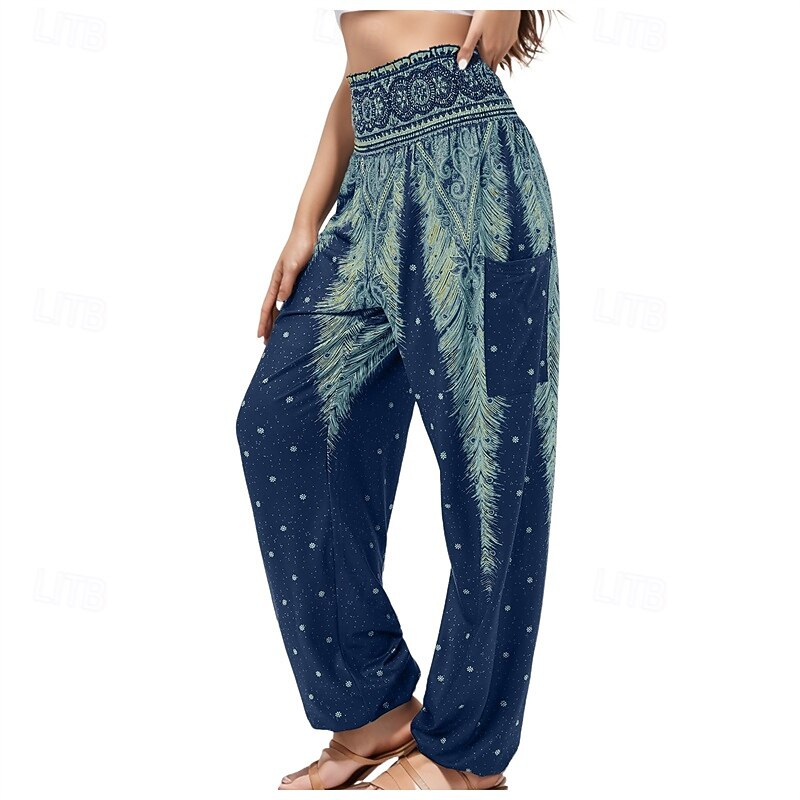 Women's Pants Trousers Straight Fashion Boho Full Length High Waist Print Elastic Waist Breathable Comfortable Micro-elastic Street Daily Wear Going out Black White Red Royal Blue Summer Regular Fit3