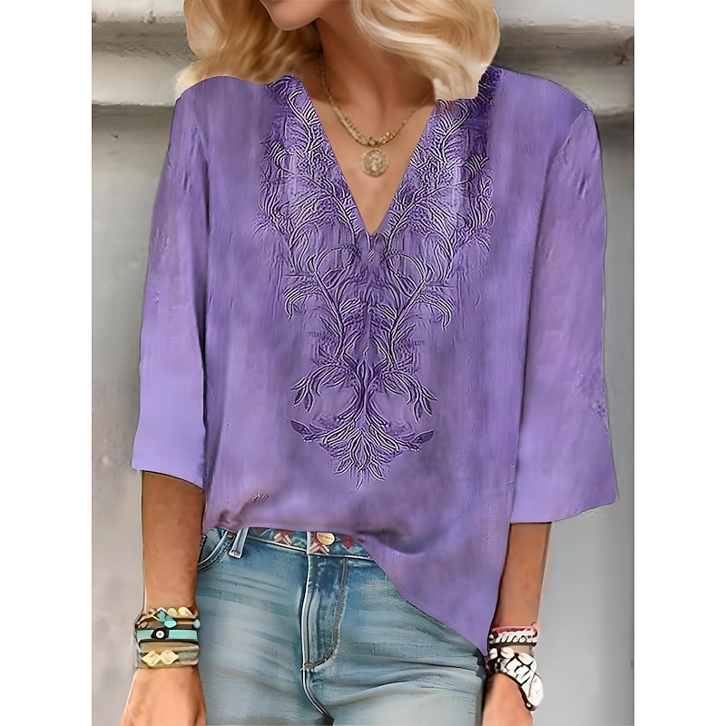 Women's Blouse Button Down Floral Graphic Elegant Stylish Casual 3/4 Length Sleeve V Neck Regular Tops Daily Holiday Going out Ruched Embroidered Print Pink Purple Green Summer Spring