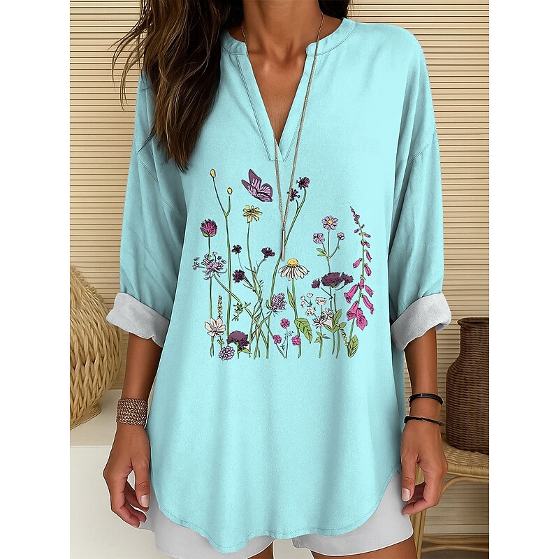 Women's Blouse Tunic V Neck Long Sleeve Boho Casual Tops Floral Graphic Vintage Tropical Regular Tops Daily Wear Print White Pink Blue Purple4