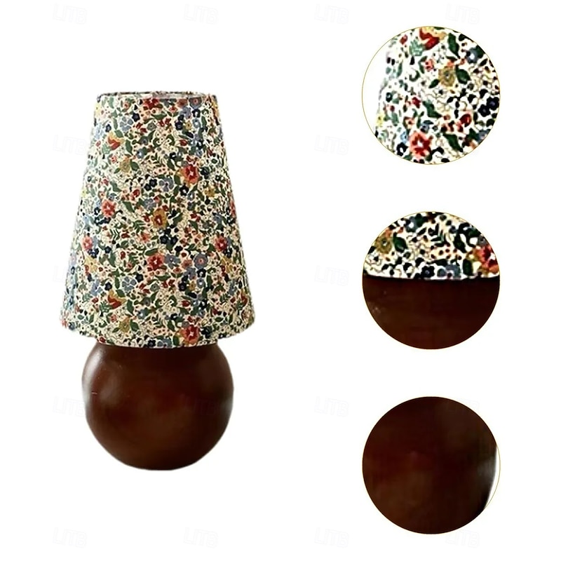 Traditional French Pastoral Floral Print Fabric Round Shade Solid Wood Base 1-Light Table Lamp For Bedroom4