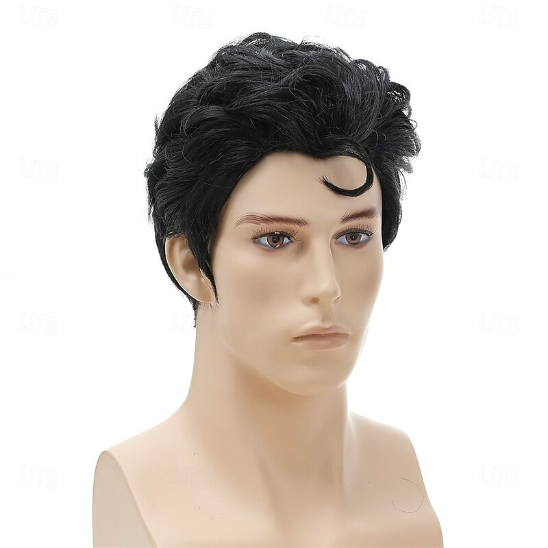 Roker Style Mens Black Short with a Front Curl Costume Wig for Cosplay Halloween Costume Party Wig2