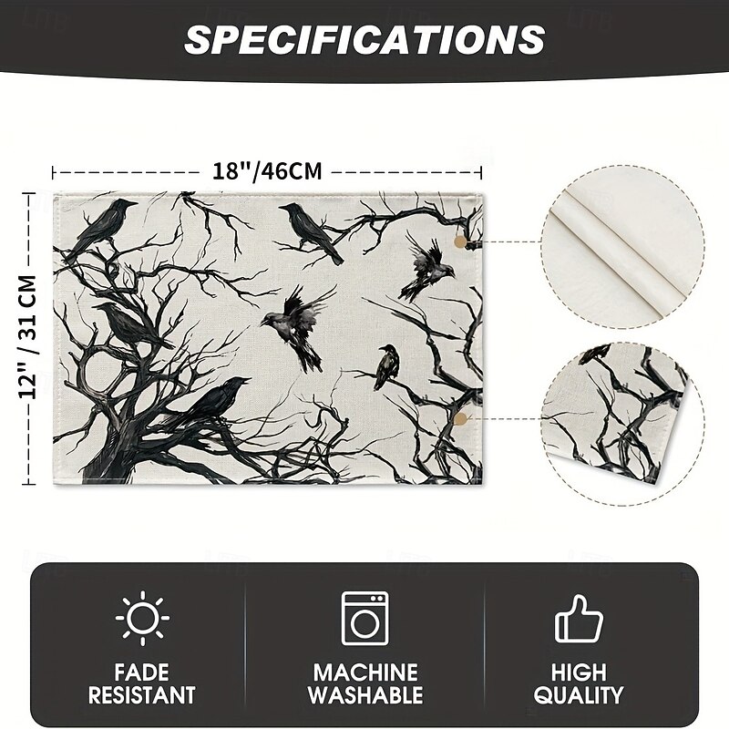 4 Pack Halloween Black Raven Placemats, Spooky Heat Resistant Table Mats for Horror Party, Scary Dining Table Decor and Haunted House Setting2