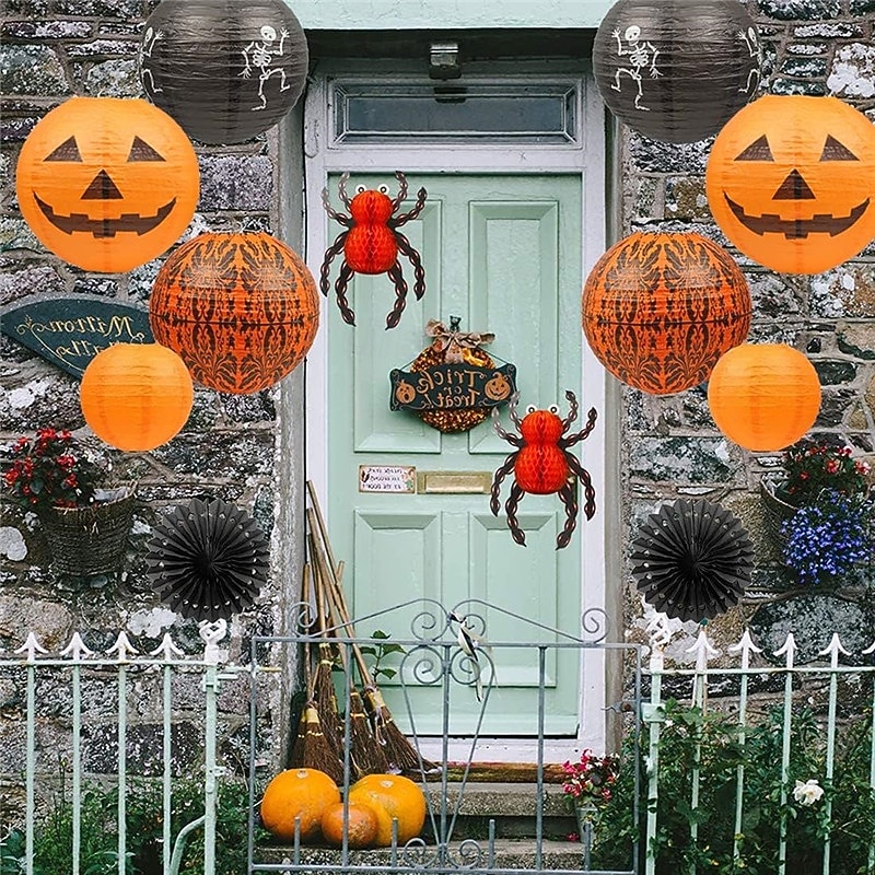 12Pcs Halloween Hanging Decorations Paper LanternsSpider Skeleton Pumpkin for Indoor & Outdoor Spooky Home Decor Party Supplies Props