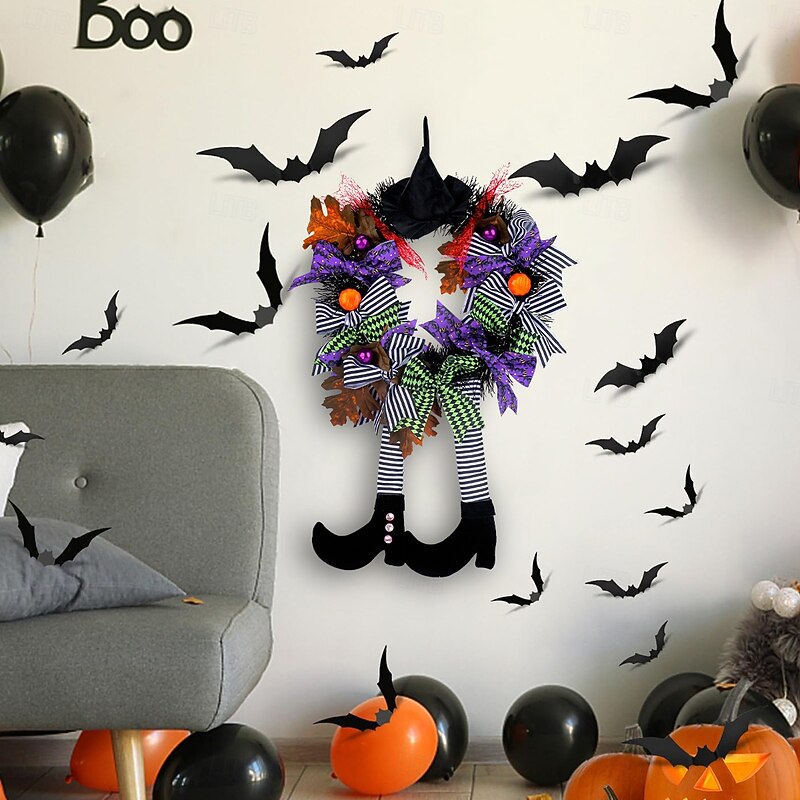 Halloween Wreaths for Front Door Indoor Outdoor Farmhouse Decoration, Witch Hat Long Leg Pumpkin Wreath Hanging Prop for Haunted House Spooky Decor4
