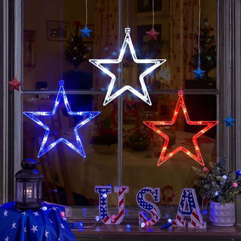 3 Pcs Patriotic Hanging Lights July 4th Independence Day Red, White, Blue Pentagram Suction Cup Window Light AAA Battery Box Party Patriotic Atmosphere Decorative Light American Flag3