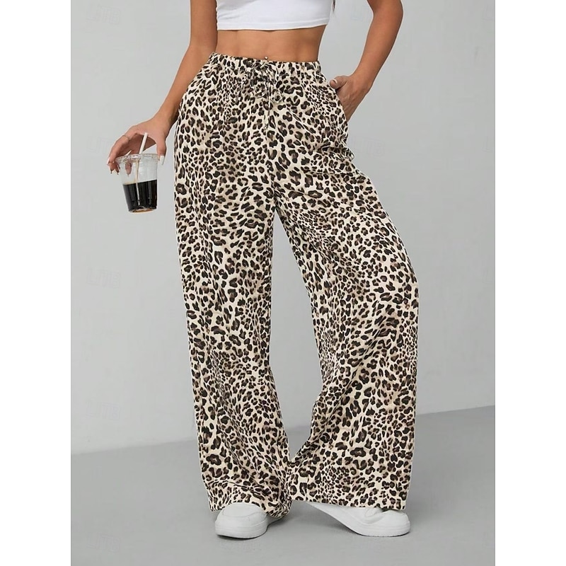 Women's Wide Leg Chinos Vacation Vintage Streetwear Full Length High Waist Leopard Pocket Elastic Waistband Printing Comfy Soft Comfortable Micro-elastic Outdoor Street Apricot Coffee Gray Summer4