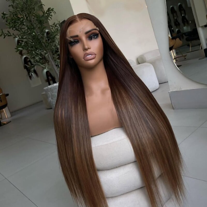 Remy Human Hair 5x5 Closure 13x4 Lace Front Wig Free Part Brazilian Hair Straight Brown Auburn Wig 130% 150% Density with Baby Hair Highlighted / Balayage Hair 100% Virgin Glueless Pre-Plucked For2