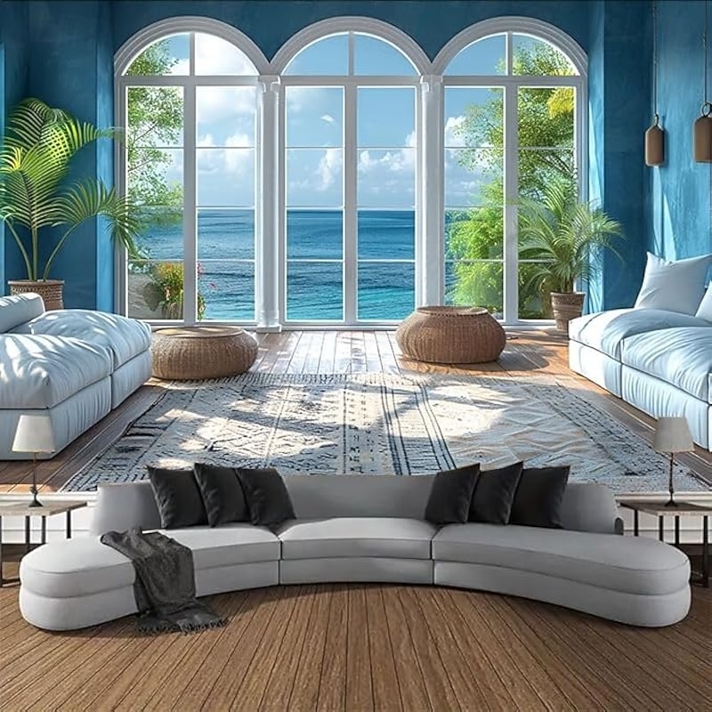Fake Window Ocean View Hanging Tapestry Wall Art Large Tapestry Mural Decor Photograph Backdrop Blanket Curtain Home Bedroom Living Room Decoration3