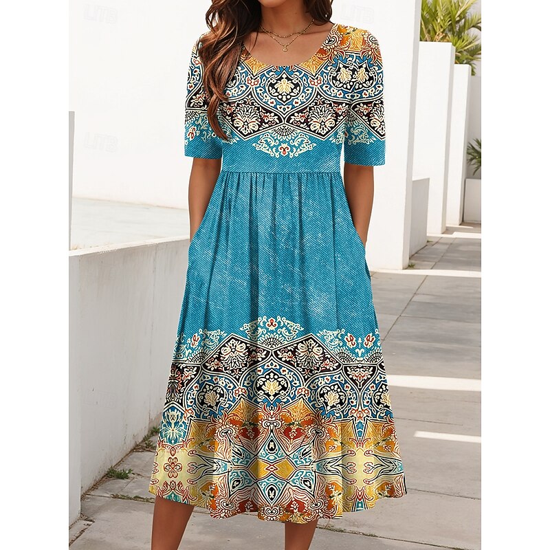 Women's Midi Dress Summer Dress Pleated Dress Vacation Casual Holiday Regular Fit Graphic Geometric Half Sleeve Crew Neck Red Blue Purple Summer Spring