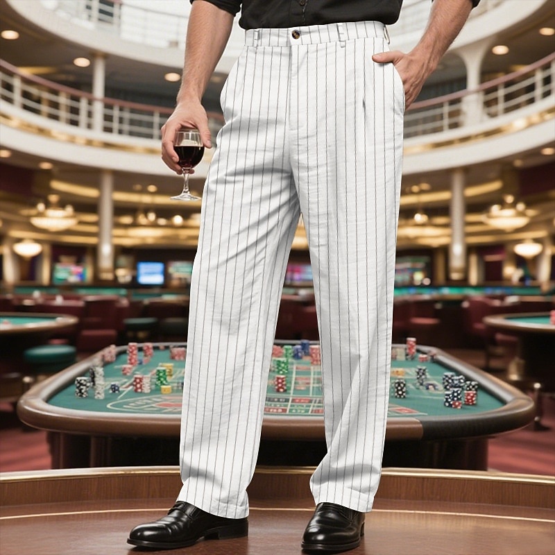 Men's Dress Pants Trousers Chinos Pocket Buttons Striped Comfort Formal Party Work Fashion Classic Style Black White Micro-elastic