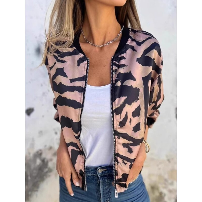 Women's Bomber Jacket Casual Jacket Comfortable Breathable Zipper Print Casual Leopard Vacation Street Casual Daily Wear Zipper Regular Stand Collar Regular Fit Long Sleeve Outerwear Pink Apricot2