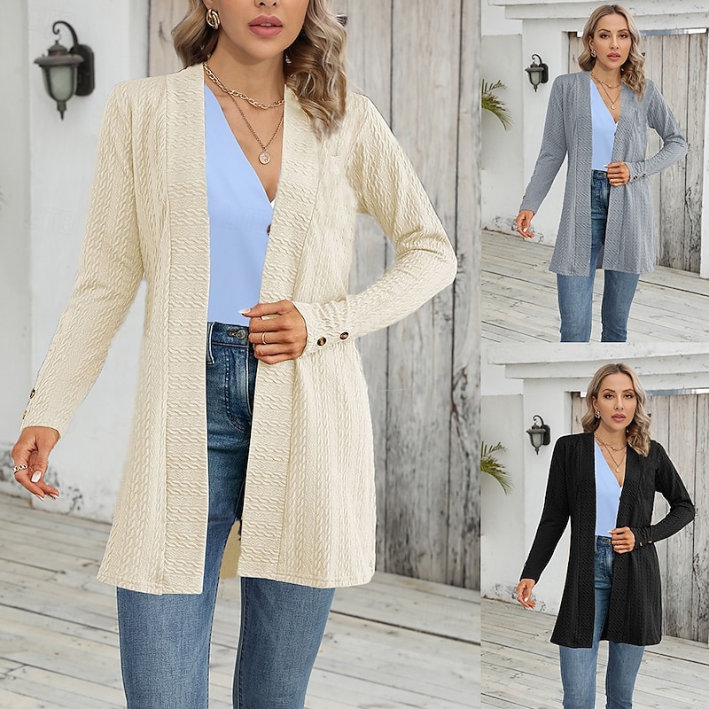 Women's Casual Jacket Breathable Comfortable Buttons Casual Plain Vacation Street Casual Daily Wear Single Breasted Regular Collarless Regular Fit Long Sleeve Outerwear Black Apricot Gray Fall Winter