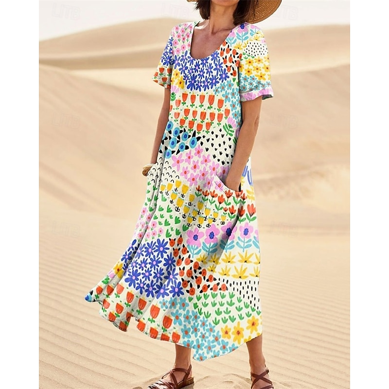 Women's Long Dress Maxi Dress Casual Dress Swing Dress Summer Dress Elegant Fashion Romantic Outdoor Party Holiday Regular Fit Flower Short Sleeve Crew Neck Blue Rainbow Gray Summer