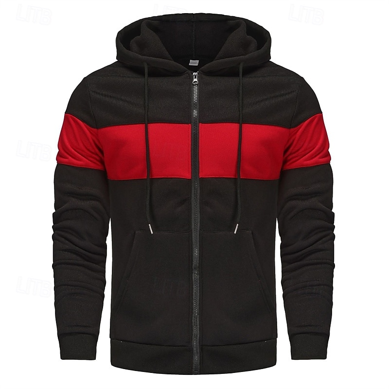 Men's Hoodie Full Zip Hoodie Red & Black Black Red Light Grey Dark Gray Hooded Color Block Patchwork Sports & Outdoor Daily Holiday Polyester Streetwear Basic Casual Spring Autumn / Fall Clothing