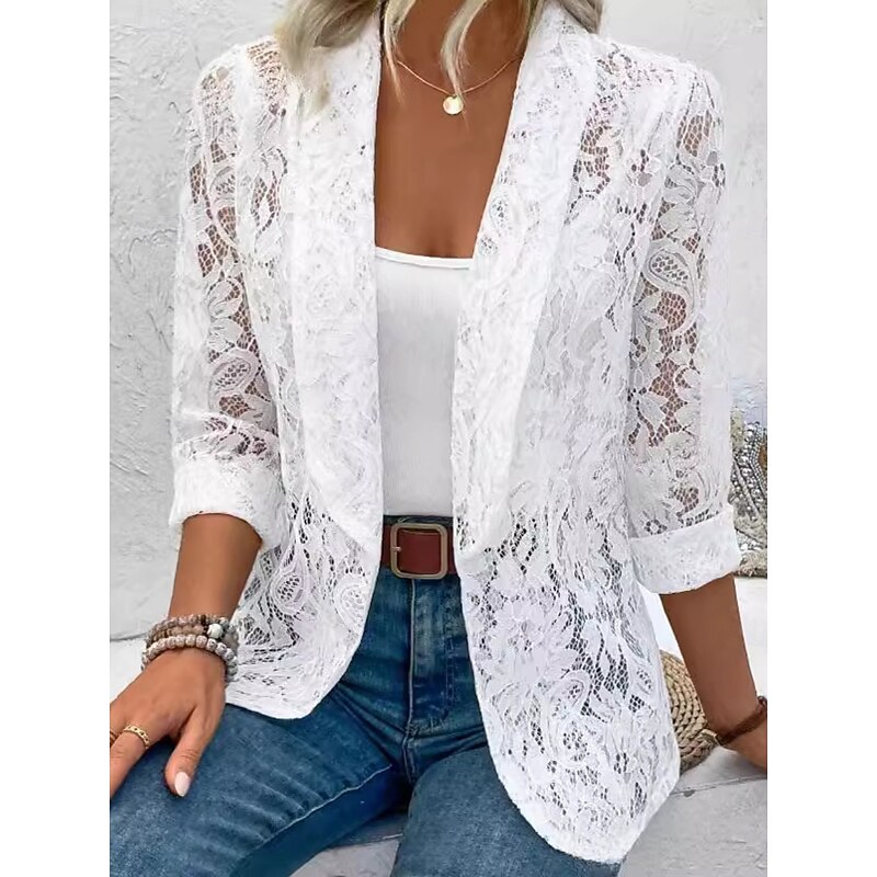 Women's Casual Jacket Breathable Comfortable Patchwork Elegant Casual Plain Vacation Street Casual Daily Wear Open Front Regular Notch Lapel Regular Fit Long Sleeve Outerwear Black White Summer Spring3