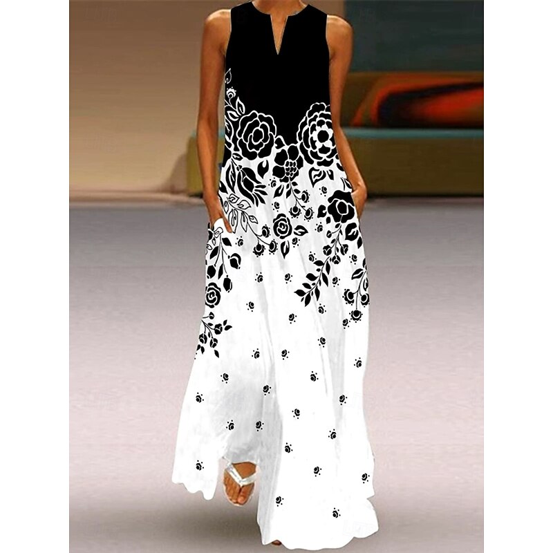 Women's Maxi Dress Sundress A Line Dress Summer Dress Vacation Casual Boho Holiday Loose Fit Ombre Floral Graphic Sleeveless V Neck Notched Neck Black And White Light Yellow Magenta Black Summer2