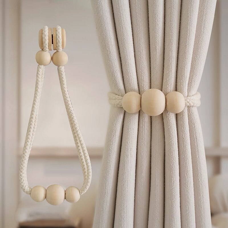Boho Wooden Ball Curtain Tiebacks with Wood Beads Handmade Weave Rope Curtain Holders Window Drapes Holdbacks Strap Beige