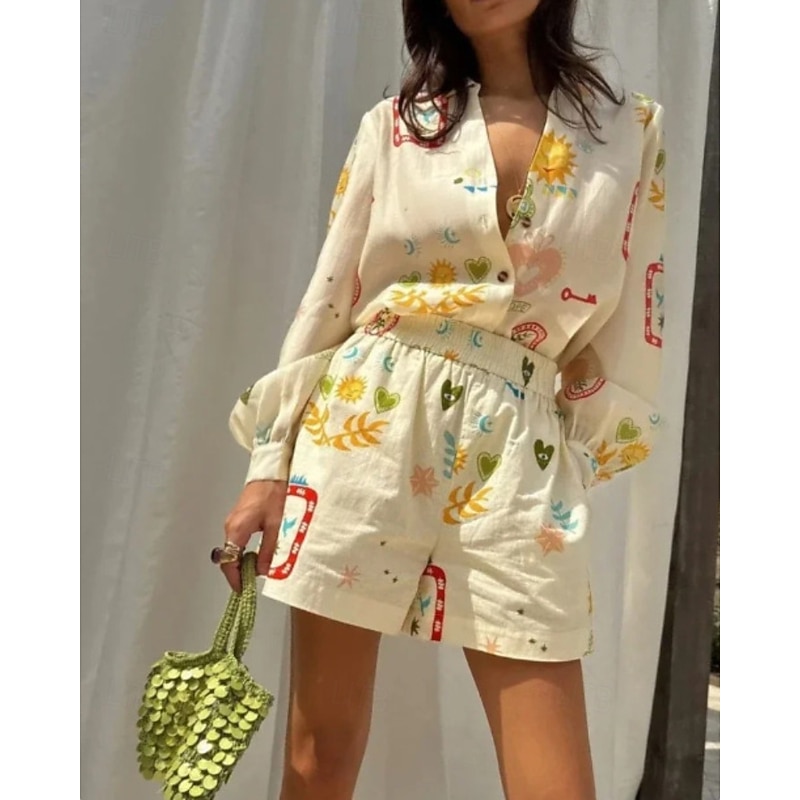 Women's Active Streetwear Shirt Blouse Shorts Sets Long Sleeve Shirt Collar Floral Print Vacation Casual Daily Beige Fall Regular Fit