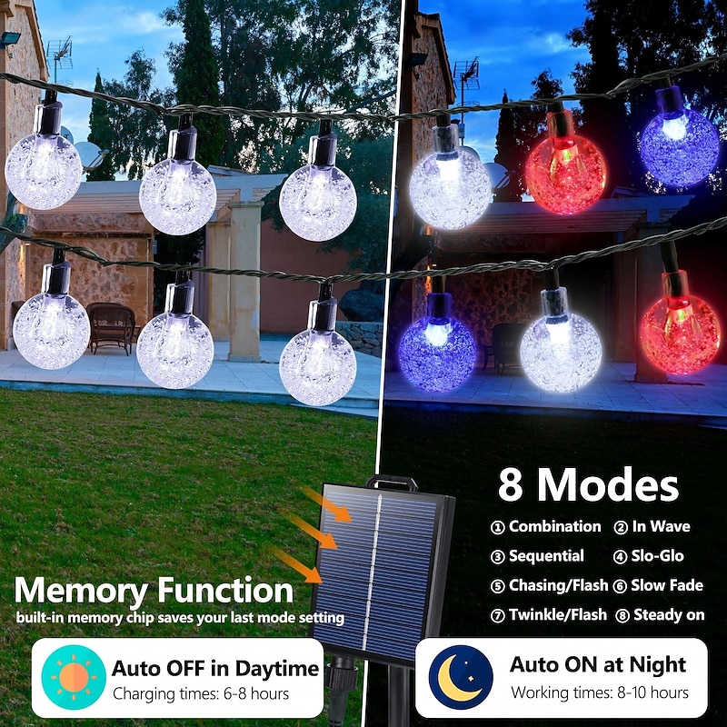 1 Pc 12M-100 LED Beads Outdoor Solar Patriotic String Lights Waterproof July 4th Independence Day Red White Blue Bubble Ball Light String Courtyard Garden Fence Balcony Party Patriotic Atmosphere2