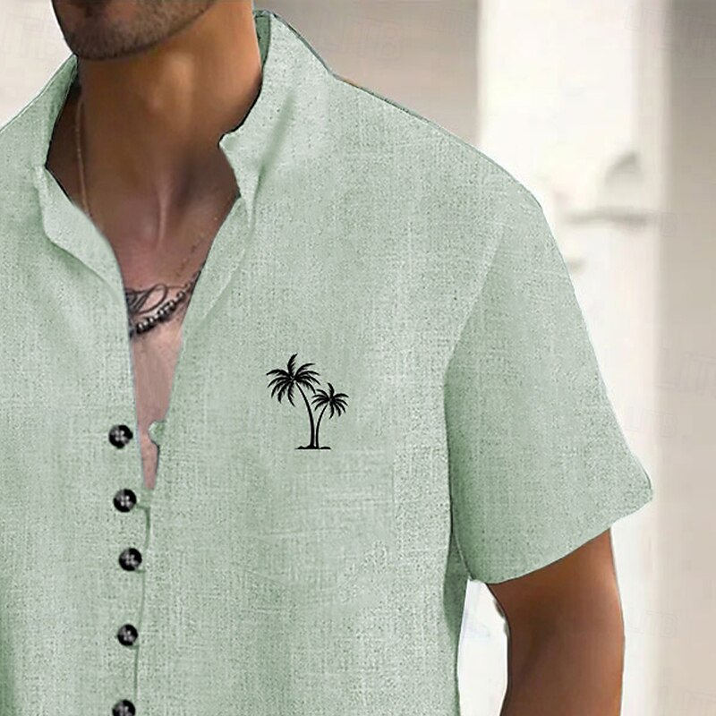 Men's Coconut Tree Tropical Plants Shirt Summer Hawaiian Shirt Stand Collar Shirt Short Sleeves Hawaiian Vacation Beach Wear Summer Spring Grandad Collar Mandarin Collar Button Up 3D Print Linen Like2