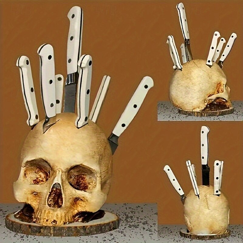 Skull Knife Holder for Kitchen Storage Skull Knife Holder Kitchen Decoration Horror Kitchen Storage Head Rack Kitchen Storage Rack Decoration Horror Party Storage Rack Gray4