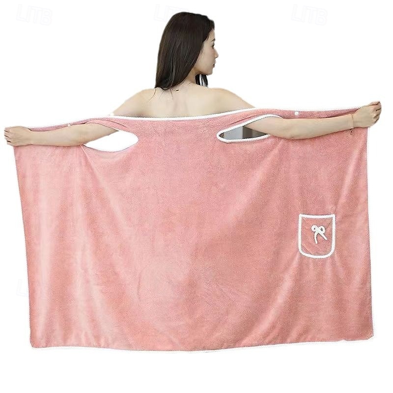 Women's Thick Coral Fleece Bath Skirt, Wearable Bath Towel Wrap with Straps, Multi-Functional Absorbent Bathroom Wrap2