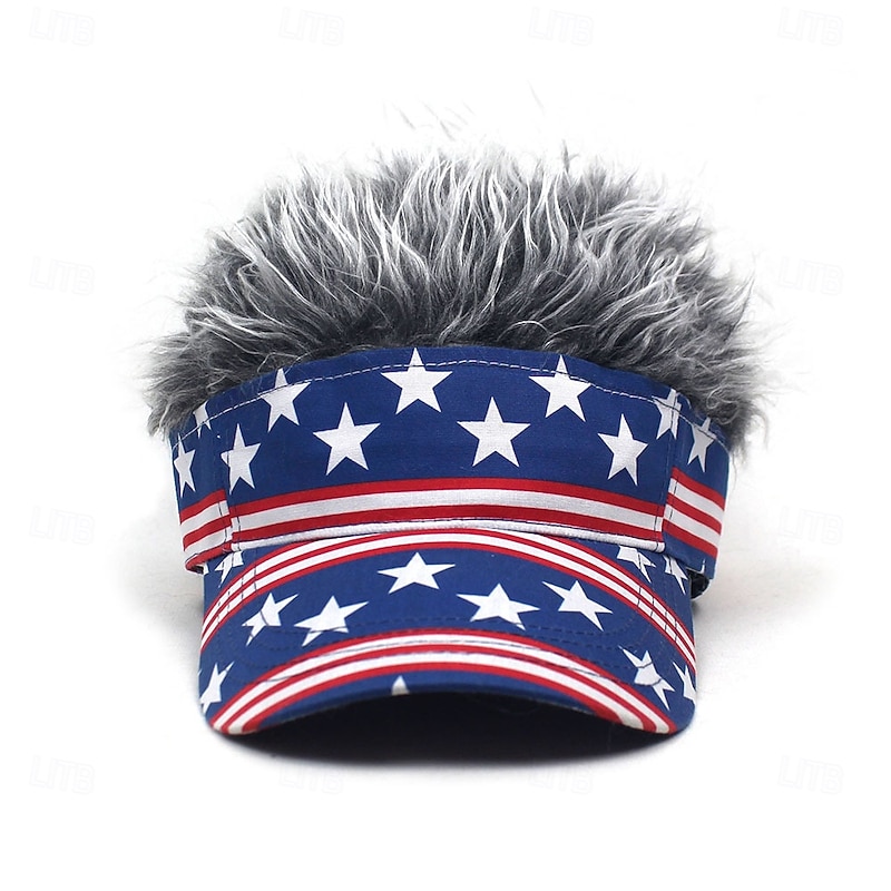 Men's Visor Hat with Spiked Wigs Fake Hair Visor Wig Men Sun Hat Baseball Cap Wig Hat Coffee Gray Polyester / Cotton Blend Print Fashion Casual Daily Independence Day American Flag Adjustable2
