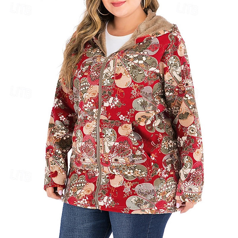 Women's Fleece Jacket Coat Hoodie Jacket Warm Comfortable Zipper Pocket Fashion Modern Casual Floral Going out Weekend Zipper Regular Hooded Regular Fit Long Sleeve Outerwear Red Winter