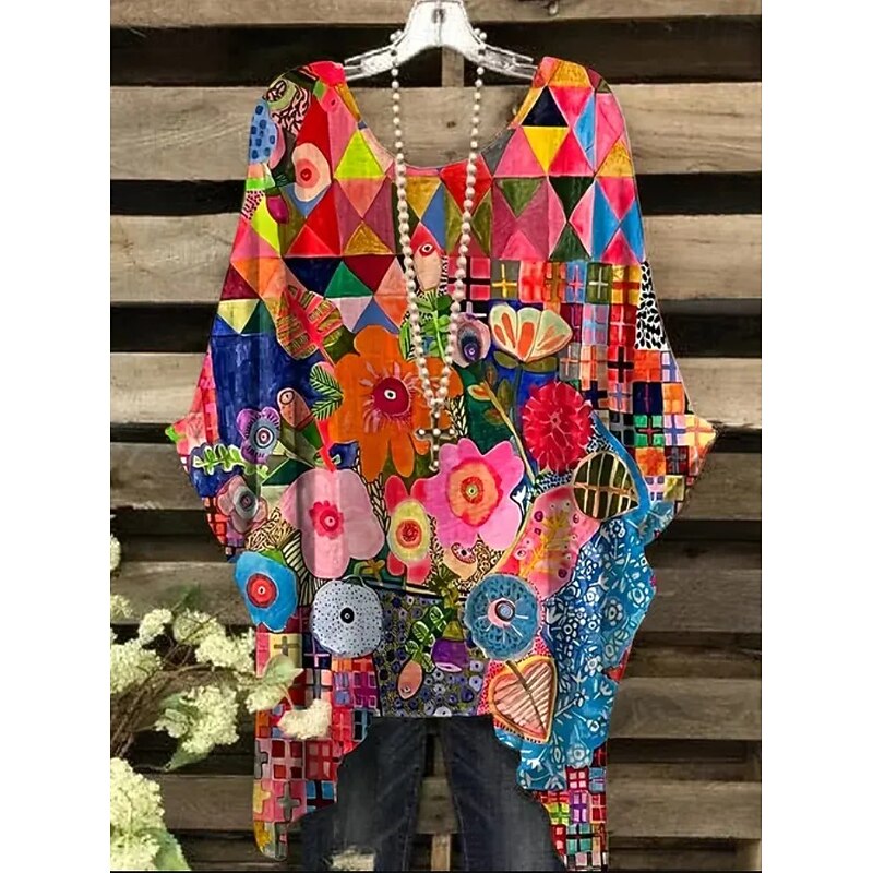 Women's Boho Shirt Floral Graphic Elegant Bohemia Active Short Sleeve Batwing Sleeve Crew Neck Regular Tops Daily Holiday Beach Wear Black White Red Blue Purple Summer Spring3