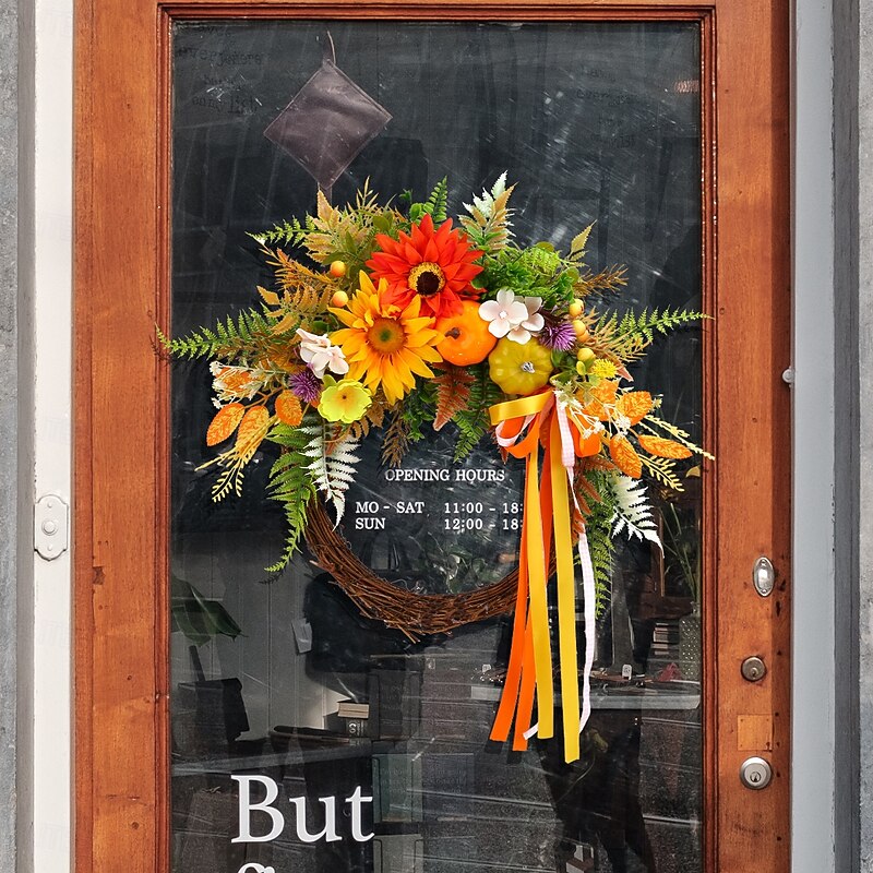 Fall Wreath for Front Door Thanksgiving Autumn Farmhouse Indoor Outdoor Decoration, Artificial Sunflower Pumpkin Twig Vine Wreath with Greenery, Rustic Harvest Wall Hanging Door Decor4