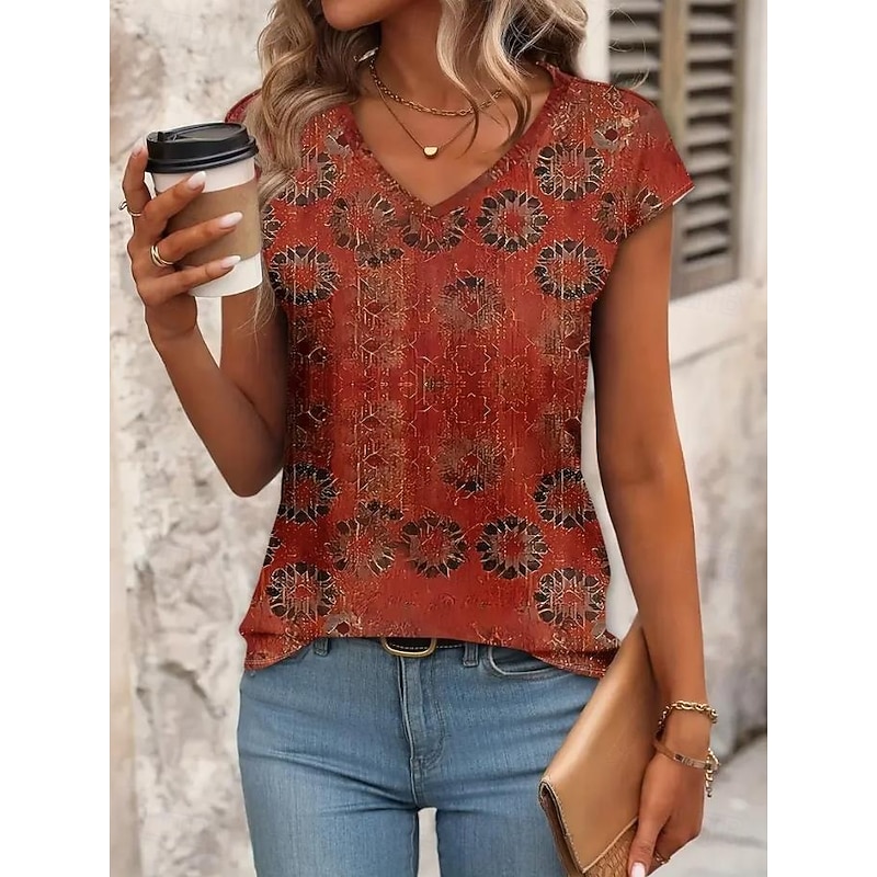 Women's Boho T-shirt Blouse Graphic Plants Elegant Vintage Stylish Sleeveless Short Sleeve V Neck Regular Tops Daily Print Red Blue Green Summer Spring