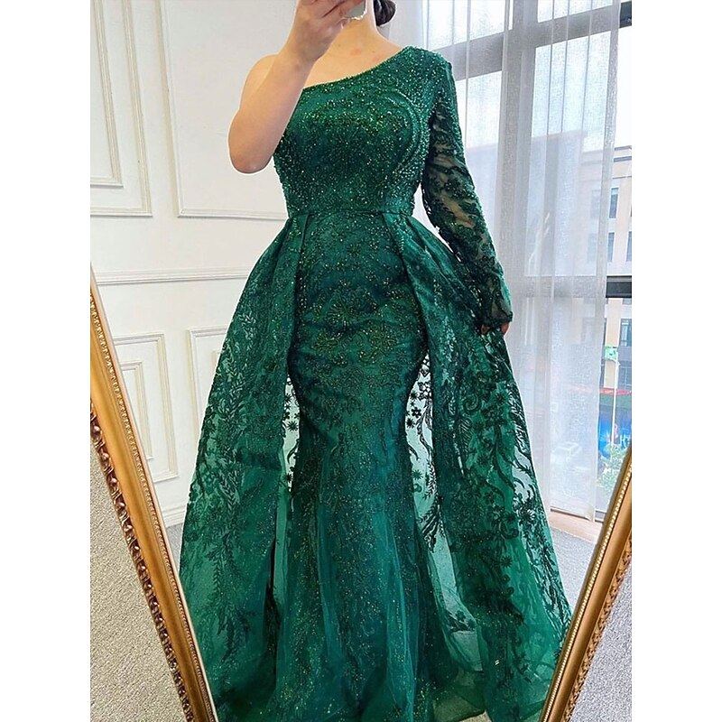 A-Line Evening Gown Elegant Dress Formal Wedding Floor Length Long Sleeve One Shoulder Lace with Sequin
