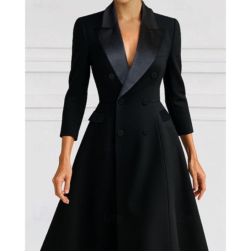 Tuxedo Dress A-Line Formal Wedding Guest Satin Elegant Minimalist 3/4 Length Sleeve Tea Length Lapel Double Breasted2