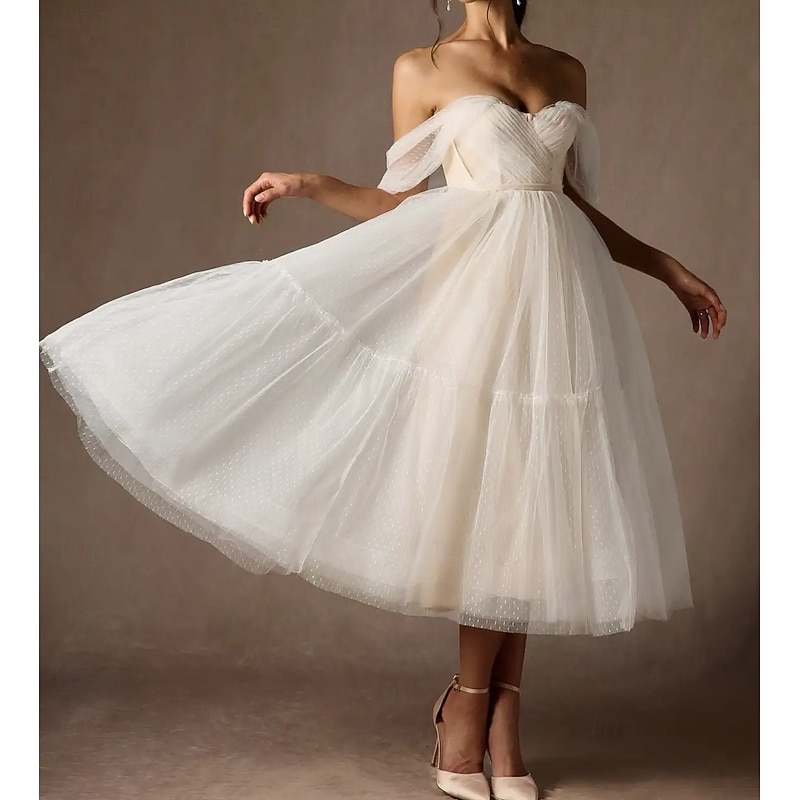 Engagement Little White Dresses Wedding Dresses A-Line Sweetheart Strapless Tea Length Satin Bridal Gowns With Sash / Ribbon Pleats