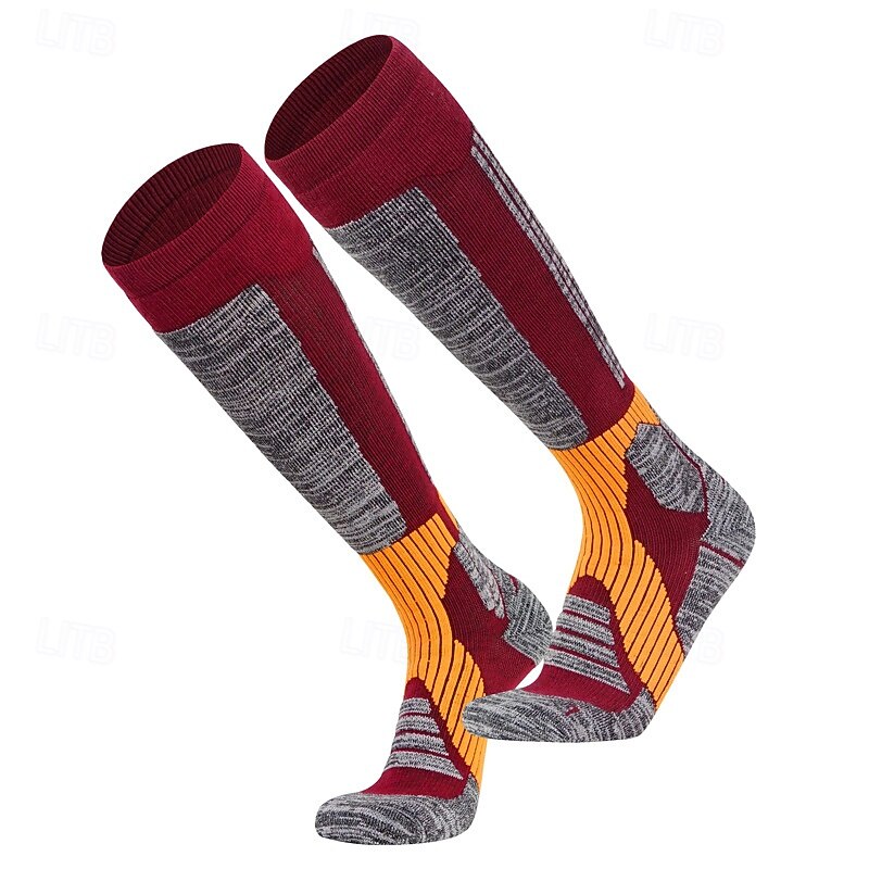 1 Pair Men's Women's merino wool socks Running Socks Sports Socks Thermal Warm Breathable Anti Blister Thick Outdoor Over The Calf Patchwork Merino Wool Yellow Red Green for Ski / Snowboard Running3