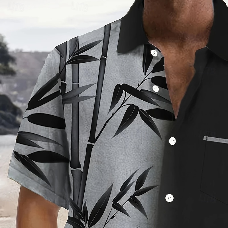 Men's Plants Bamboo Shirt Summer Hawaiian Shirt Button Up Shirt Short Sleeve Hawaiian Vacation Holiday Beach Wear Summer Spring Turndown 3D Print Front One Pocket Linen Like Shirt Black3