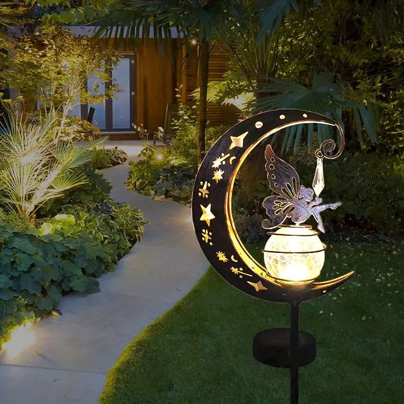 1 Pc Garden Solar Light Outdoor Decorative Light Moon Fairy Angel Lawn Light Waterproof Warm Light LED Light for Villa Yard Channel Lawn Terrace Garden Decoration2